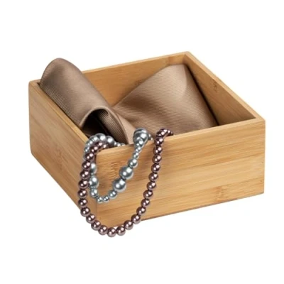 Image of WENKO Terra Bamboo Organiser Box with 3 Compartments Storage Box, Bathroom Basket, Bamboo, brown, Bambus mit Deckel S