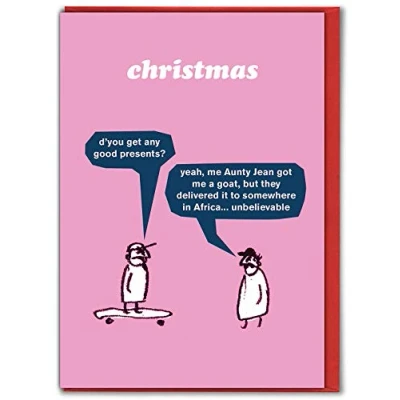 Image of Official Modern Toss Funny Christmas Cards &#039;Goat Present Card&#039; Xmas for Friends Mates Him Her Men Women Mum Dad Sold by Brainbox Candy
