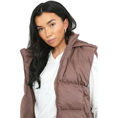 Image of BRAVE SOUL Ladies Mila Padded Bodywarmer Cropped Microfibre Hooded Gilet (as8, numeric, numeric_16, regular, Peppercorn Brown, 16)