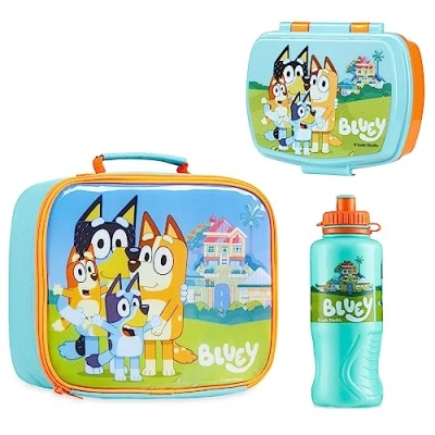 Image of Bluey Lunch Box 3 Piece Set with Insulated Bag Snack BPA Free 430ml Water Bottle for Preschool Nursery Travel or Day Trips Kids