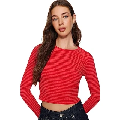 Image of Trendyol Women&#039;s Striped Long Sleeve Slim Blouse, red, M