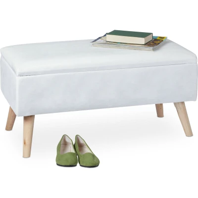 Image of Relaxdays 40 Litre Velvet Storage Padded Wooden Legs, Hallway, 2 Seater Chest Bench, 41 x 80 cm, White, 50% fibreboard 30% Wood 20%