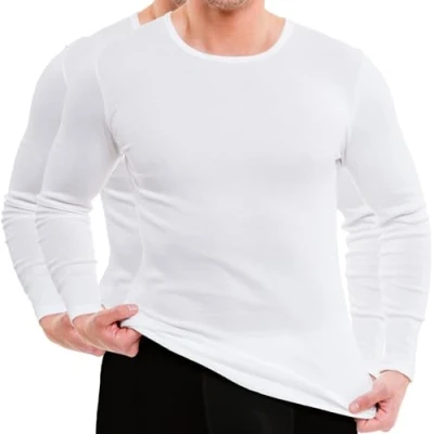 Image of HERMKO 3640 2 Men&#039;s Underwear Long Sleeve Vests Made of 100% Organic Cotton, Size:Small, Colour:White