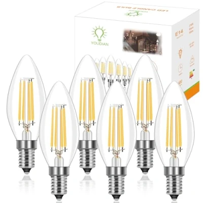Image of YOUDIAN E14 Led Light Bulb,C35 Candle Bulb,Small Edison Screw Bulb,4W 220 240V Warm White 2700K 400Lm,Led Filament Bulb, Replacement 40W, Non Dimmable(6 Packs)