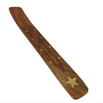Image of Incense Stand Wooden Ash Catcher with Brass Stars Stick Holder By HomeAdorable (Brown)