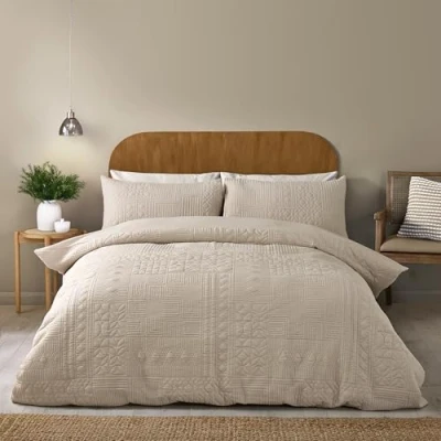 Image of Catherine Lansfield Folkstone Geo Single Duvet Cover Set with Pillowcases Natural