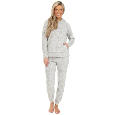 Image of Womens Grey Leopard Print Long Fleece Pyjama Set Ladies Pjs (22 24)
