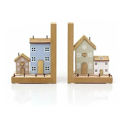 Image of Wooden House Bookends Pair Of Shabby Chic Townhouse Set 2 Book Ends For Shelves