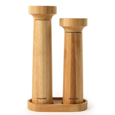 Image of Salter 7614 WDXR Eco Bamboo Salt &amp; Pepper Grinder Set Solid Mills with Stand, Manual Twist Grind, Ceramic Mechanism, Fine to Coarse Adjustable Grinding, BPA Free, 60g Salt/30g