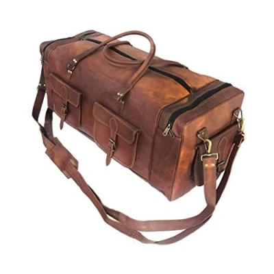 Image of Real Goat Vintage Leather Large Travel Duffel Luggage Handmade, Gym, Hiking Brown Carry All Genuine Holdall Bag, Brown, 30&quot;(L),12&quot;(D), 13&quot;(H)