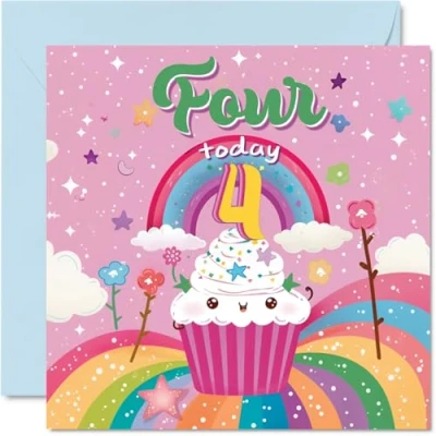 Image of 4th Birthday Card Girl Cupcake Rainbow Happy for 4 Year Old Girl, Age Girls Cards Fourth Card, 145mm x Bday Greeting