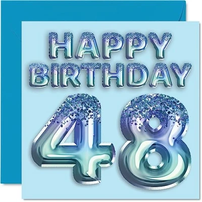 Image of 48th Birthday Card for Men Blue Glitter Party Balloon Happy Cards 48 Year Old Man Friend Dad Brother Uncle Cousin, 145mm x Forty Eight Eighth Greeting Gift