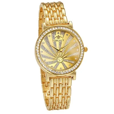 Image of JewelryWe Men Women Watches Stylish Rhinestone Quartz Watch Gold Tone Alloy Business Casual Dress Wristwatches for Fathers Day