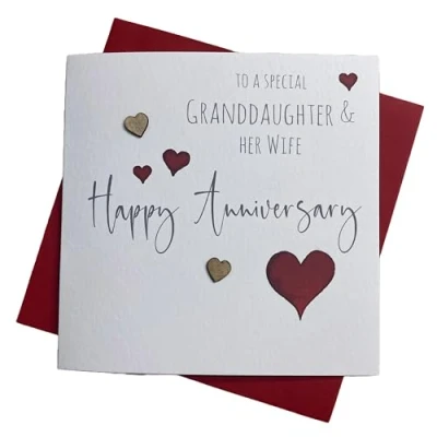 Image of WHITE COTTON CARDS GRANDDAUGHTER &amp; HER WIFE HEARTS ANNIVERSARY CARD, HAND FINISHED (S108 GD W)