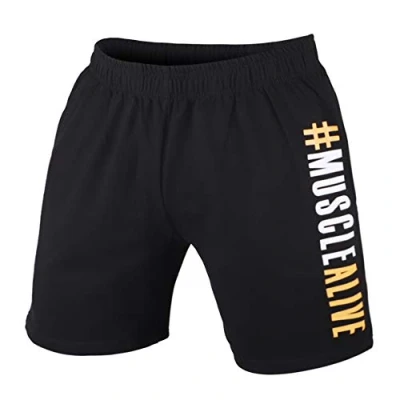 Image of Muscle Alive Men Bodybuilding Gym Workout Shorts Sprots Fitness Terry Cotton 7 Inseam Black L