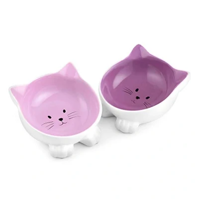 Image of Navaris Cat Bowls with Ears 2 Pack of Ceramic Feeding Dishes Anti Slip Silicone Feet Purple Shaped Food and Water Set