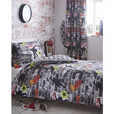 Image of Kidz Club Teenagers Double Duvet 2 Pillowcase Bed Cool Skateboards and Graffiti Quilt Cover Set In Grey Tricks, Polyester Cotton