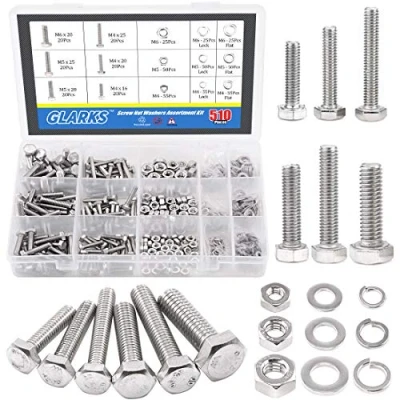 Image of Glarks 510 Pieces Flat Hex Stainless Steel Screws Bolts nuts Lock and Gasket Washers Assortment Kit