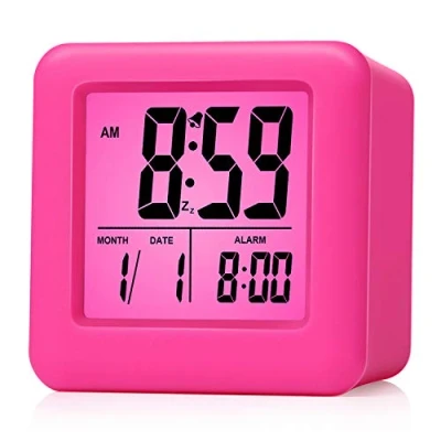 Image of Plumeet Digital Alarm Clock Kids with Snooze and Nightlight Easy Setting Silicone Display Time, Date Loud for Bedroom Battery Powered (Pink)