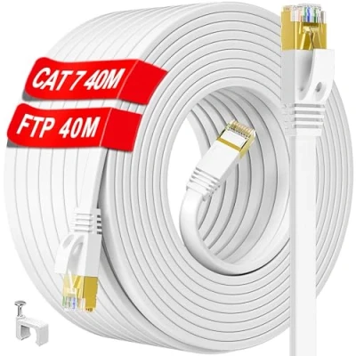 Image of Ethernet Cable 40m, Cat 7 Flat Network 40m Outdoor Indoor, High Speed Long Internet 600Mhz, Shielded RJ45 LAN Waterproof FTP, Gigabit Patch for Router Modem Switch (40 Clips)