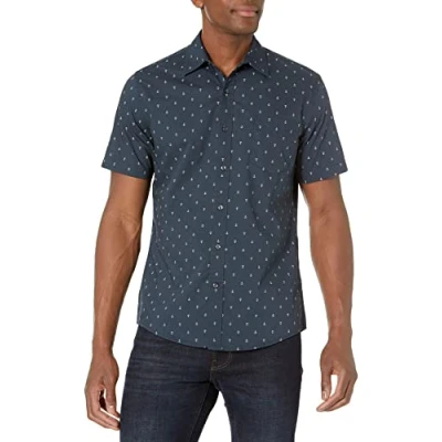 Image of Amazon Essentials Men&#039;s Slim Fit Short Sleeved Button Down Printed Shirt, Navy White Anchor Print, M