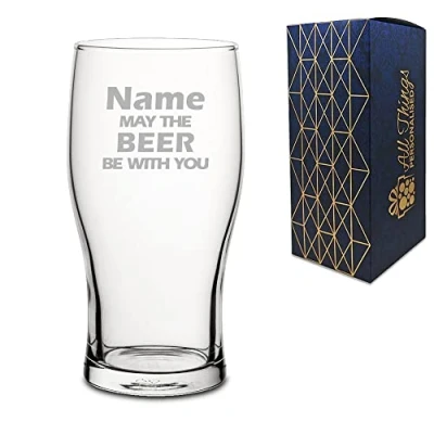 Image of Personalised Engraved &quot;Name May The Drink be with You&quot; Novelty Pint Glass, Gift Boxed, Perfect for Birthdays and Christmas