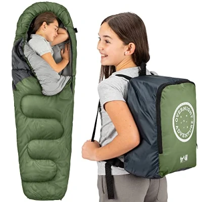 Image of Trail Kids Sleeping Bag Mummy Shape 3 Season Camping 300gsm Boys Girls with Lightweight Rucksack (Khaki)