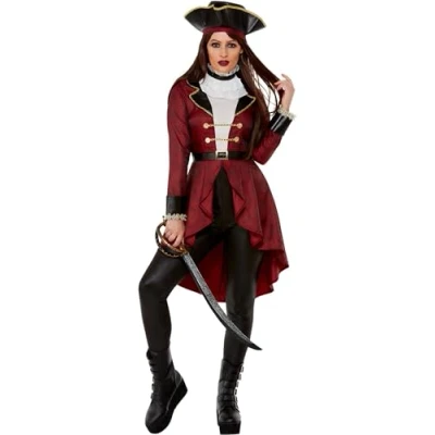 Image of Smiffys Deluxe Swashbuckler Pirate Costume, Burgundy Jacket, Leggings, Neck Ruffle &amp; Hat, Fancy Dress, Dress Up Costumes