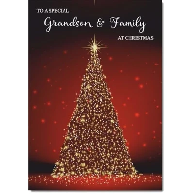 Image of doodlecards Grandson and Family Christmas Card Red Tree Medium Size for &amp; with Plain Envelope
