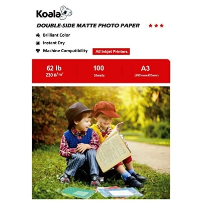 Image of KOALA Double Sided Matte Inkjet Photo Paper A3, 230gsm, 100 Sheets for Printers. Suitable Printing Photos, Brochures, Covers, Certificates, Booklets, Flyers, Leaflets, Cards, Calendars
