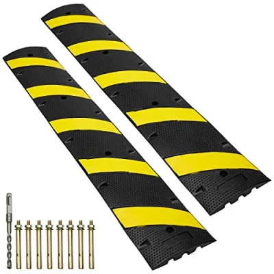 Image of VEVOR 2PCs 6 ft/72&#039;&#039; Rubber Speed Hump, 2 Channel, 22000 lbs Capacity Heavy Duty Traffic Bump, with High Reflective Yellow Strip 8 Expansion Screws and 1 Drill, for Asphalt Concrete Gravel Roads