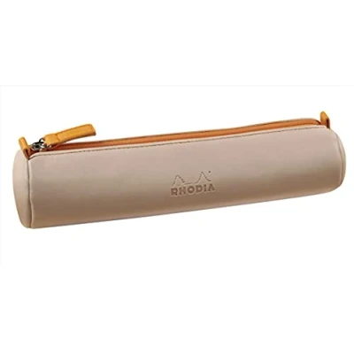 Image of RHODIA 319003C Rhodiarama Touché de Rose Round Pencil Case 21.5 x 5.5 cm Genuine Orange Stitching Ivory Jersey Interior Faux Leather Storage for Pens, Pencils, Markers, Small Supplies