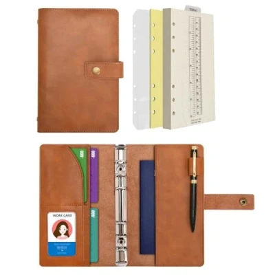 Image of WONDERPOOL A6 Leather Diary Refillable Notebook Spiral Journal Binder Portfolio Dot Grid Paper &amp; Inner Pockets Organizer for Man and Woman (Brown, A6)