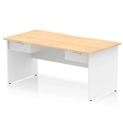 Image of Impulse 1600 x 800mm Scalloped Edge Straight Office Desk Maple Top White Panel End Leg Workstation 2 1 Drawer Fixed Pedestal
