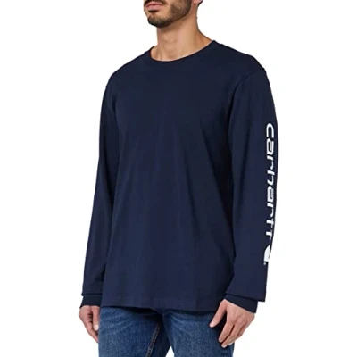 Image of Carhartt Men&#039;s Relaxed Fit Heavyweight Long Sleeve Logo Graphic T Shirt, Navy, M