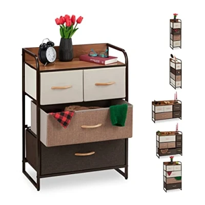 Image of Relaxdays Dresser, 4 Drawer Compartments, with Shelf, Folding Baskets, Fabric, Steel Frame, 79x58x31.5 cm, Brown, 79 x 58 31.5 cm