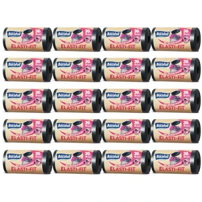 Image of Bacofoil Elasti Fit Bin Liners with Drawstring Handles 30L Leak Proof Bag Elastic Fastening for a Secure (20 Rolls, 240 Bags)…