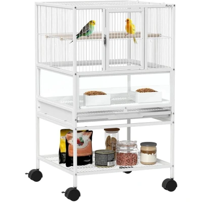 Image of Pawhut Bird Cage, Metal Parrot Cage with Rolling Stand Wheels, Acrylic Viewing Panels, Storage Shelf, Slide out Tray, Perches, Feeders, for Budgie, Parakeet, Canary, Finch, White, 48 x 46 83 cm