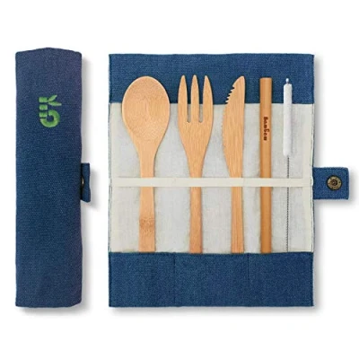 Image of Bamboo Cutlery Set Camping Essentials Knife, Fork, Spoon and Straw Eco Travel with Pouch Utensils 20 cm Ocean Bambaw
