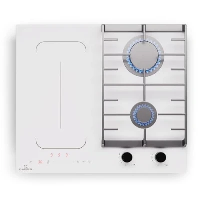 Image of Klarstein MultiChef 4 Gas &amp; Induction Hob 2 Burners, Flexzone, 7Kw Total Power, Slider Control, Timer Stop&amp;Go, Cast Iron Supports, White, 58.5Cm