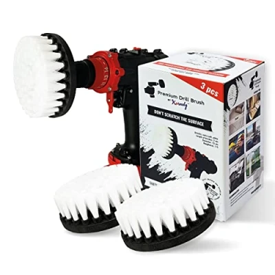Image of Kornely™ Premium Drill Brush, Extra Soft, White 3pcs. SET, 13cm. Professional Power Scrubber.Doesn&#039;t Scratch Surfaces. Suitable for Carpet, Leather, Upholstery, Furniture, car Interior, Glass Cleaning
