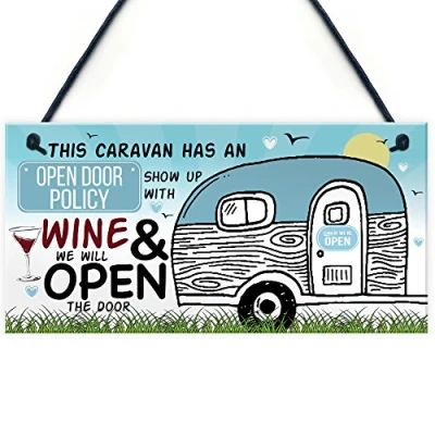 Image of RED OCEAN Open Door Policy Caravan Hanging Plaque Novelty Funny Shabby Chic Camping Holiday Alcohol Sign Gifts