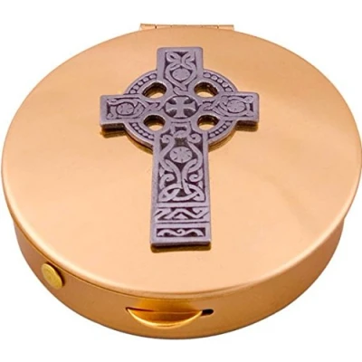 Image of Catholic Gift Shop Bronze Pyx with Celtic Cross &amp; Lourdes Prayer Card