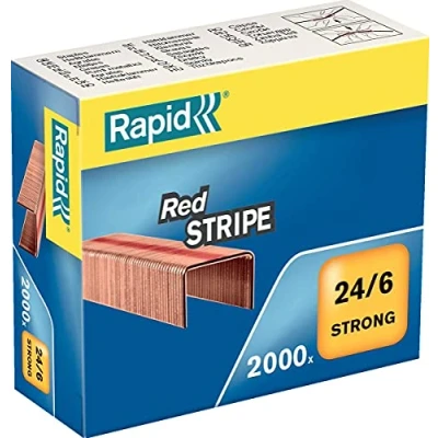 Image of Rapid Red Stripe 24/6mm Staples, For Stapling up to 30 Sheets, Use with Desktop and Electric Staplers, Copper Plated, Box of 2000, 11700245