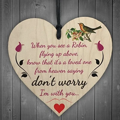 Image of RED OCEAN Robins Are Loved Ones From Heaven Hanging Wooden Heart Plaque Memorial Sign