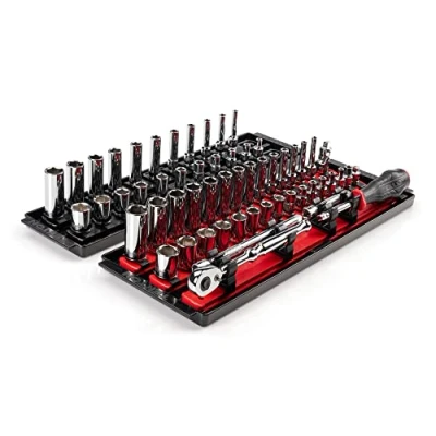 Image of TEKTON 1/4 Inch Drive 6 Point Socket and Ratchet Set with Rails, 57 Piece (5/32 9/16 in., 4 15 mm) SKT03301