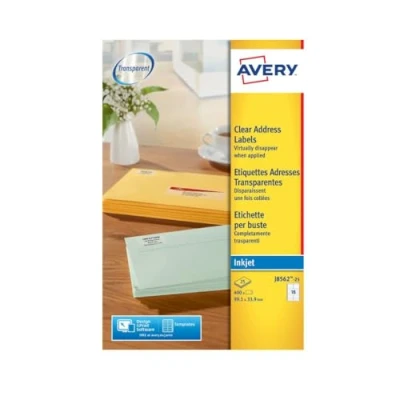 Image of Avery Printable, Customisable Clear Address Mailing Labels, Inkjet Printers, 16 Labels Per A4 Sheet, 400 Quickdry (J8562), White,99.1 x 33.9