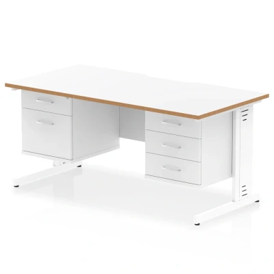 Image of Oslo 1600x800mm OfficeDesk WhiteTop Natural Wood Edge White Cable Managed Leg Workstation 1x 2Drawer 3Drawer Fixed Pedestal