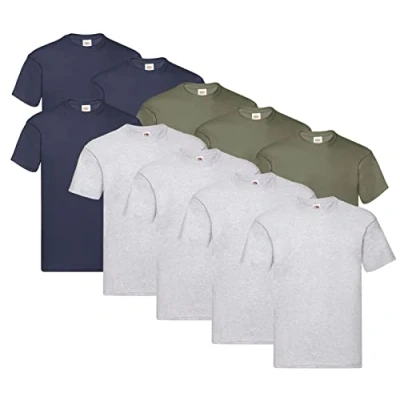 Image of Fruit of the Loom Men&#039;s Original T Shirt (Pack 10), 4x Grey + 3x Deep Navy Olive 1 Hl Purchase Notepad, M