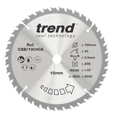 Image of Trend Wood Circular Saw Blade, 190mm Diameter, 16mm Bore, 40 Teeth, TCT, 2.6mm Kerf, +15 Hook, CSB/19040A